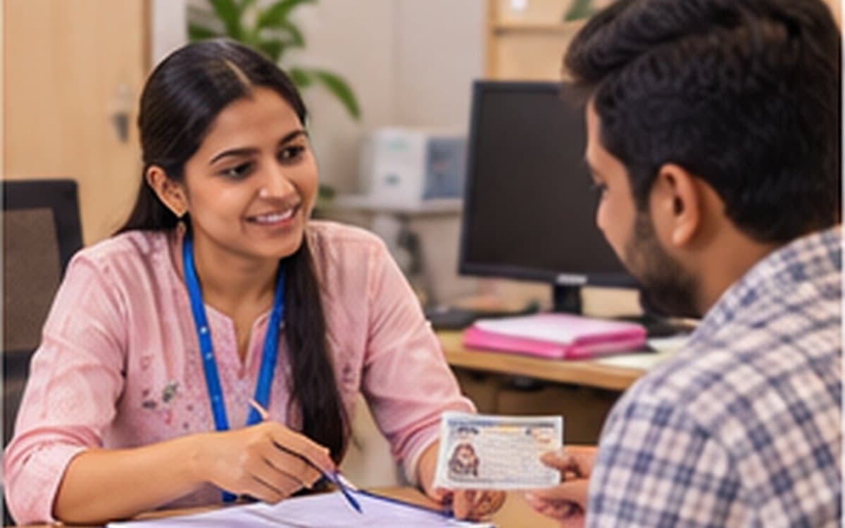 A clinic coordinator checks a father's identity card against a disability-scheme application form across the front desk.